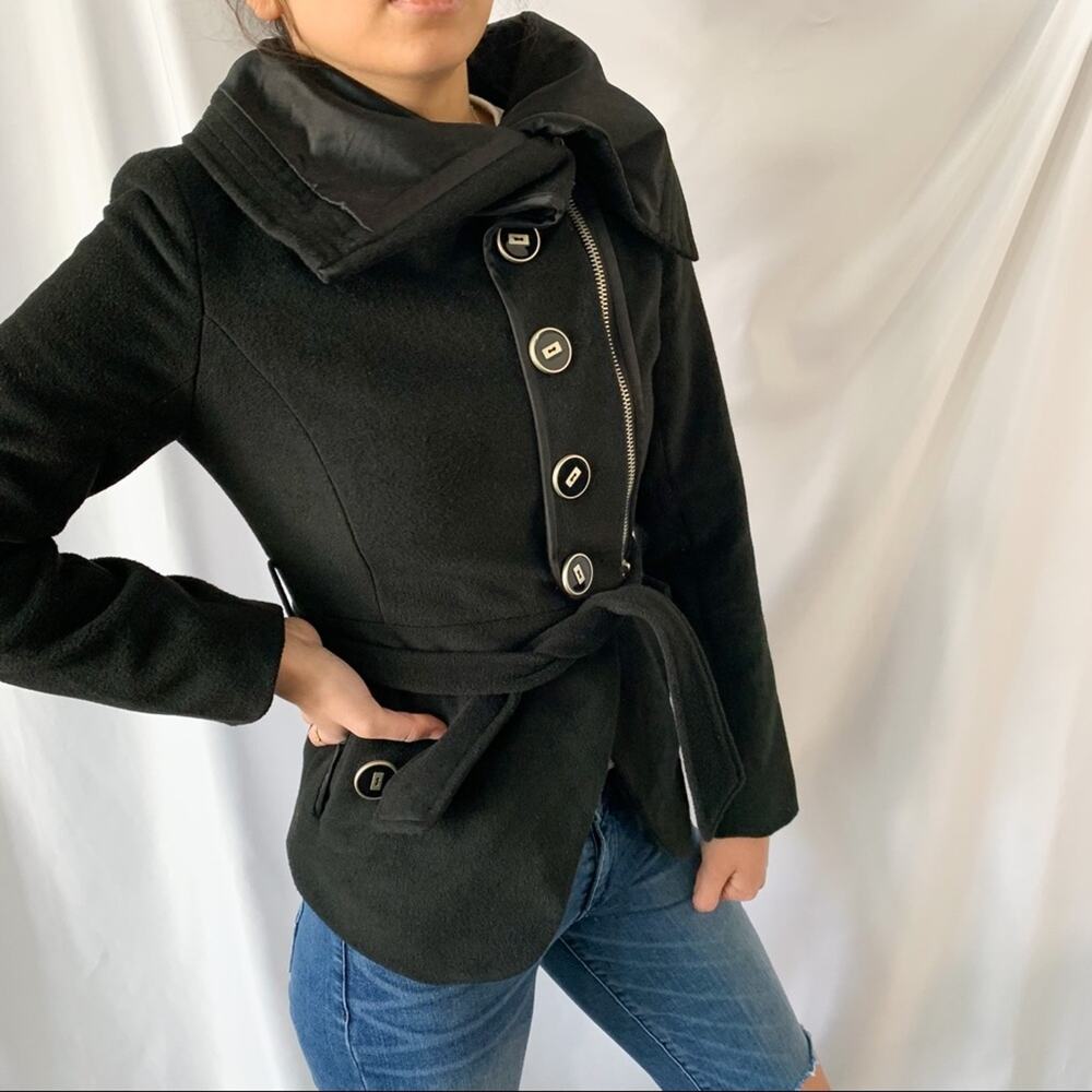 Ciao Milano Black Shawl Neck Wrap Style Pea Asymmetrical Coat Size Extra Small - Picture 2 of 12